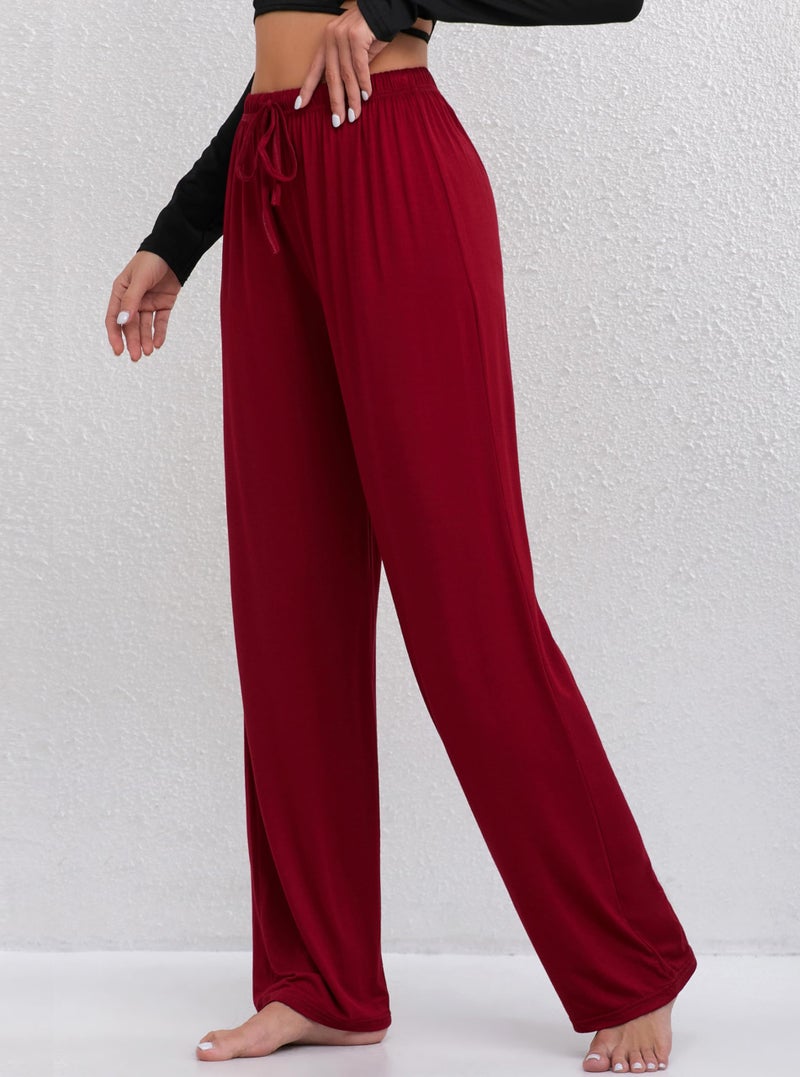 FEQO 2 Pack Women's Lounge Pants Wide Leg Yoga Pants Soft Pajama Bottoms Casual Loose Drawstring Sweatpants, M (Black, Dark Red) - Image 4