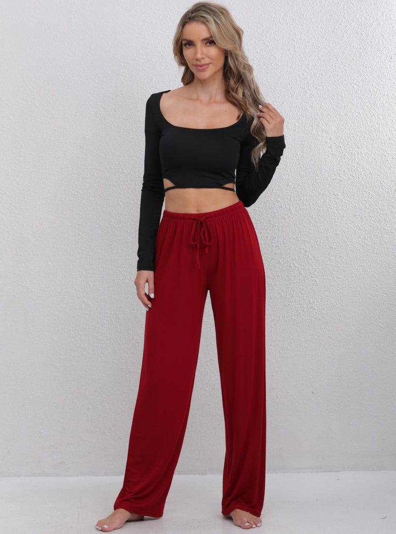 FEQO 2 Pack Women's Lounge Pants Wide Leg Yoga Pants Soft Pajama Bottoms Casual Loose Drawstring Sweatpants, M (Black, Dark Red) - Image 2