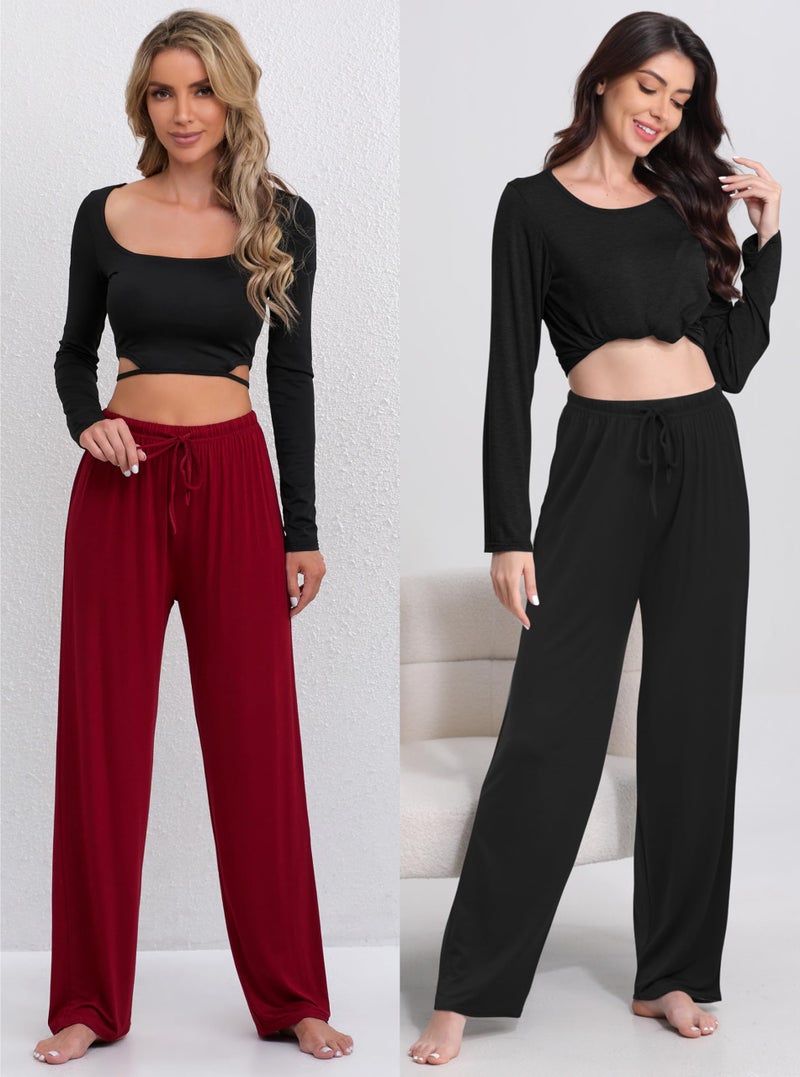 FEQO 2 Pack Women's Lounge Pants Wide Leg Yoga Pants Soft Pajama Bottoms Casual Loose Drawstring Sweatpants, M (Black, Dark Red) - Image 5