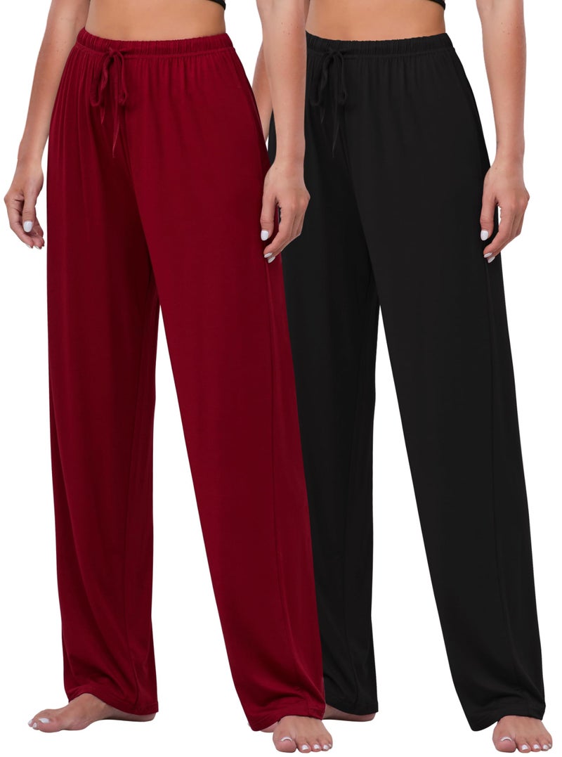 FEQO 2 Pack Women's Lounge Pants Wide Leg Yoga Pants Soft Pajama Bottoms Casual Loose Drawstring Sweatpants, M (Black, Dark Red) - Image 1