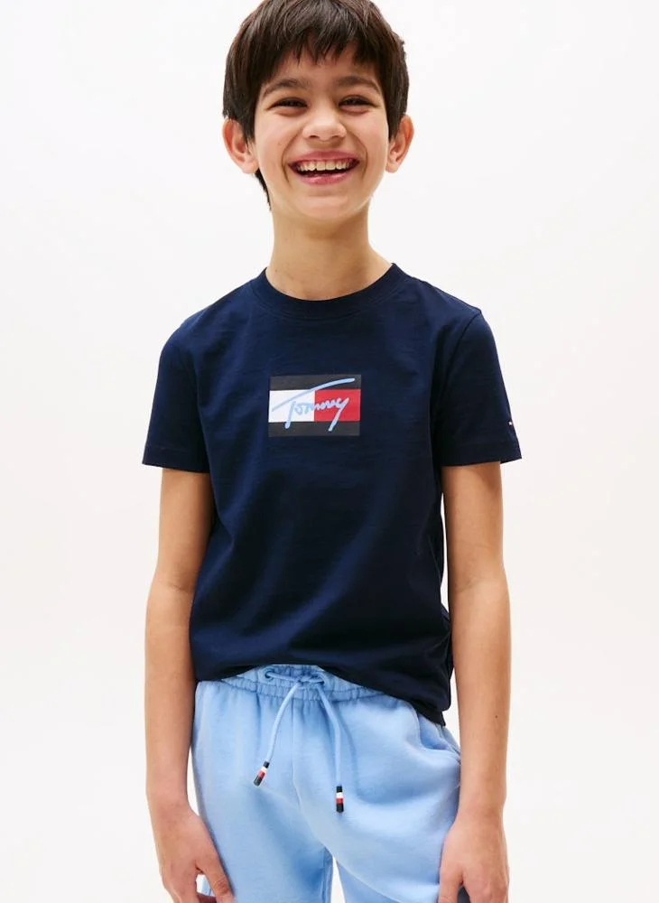 تومي هيلفيغر Kids Script Flag Print Crew Neck T-Shirt