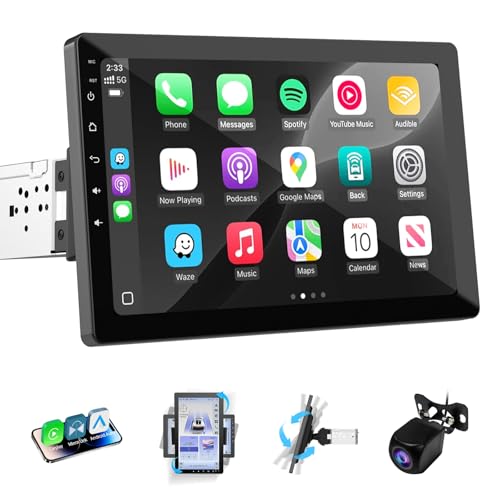 Haudio 10.1 inch Single Din Car Stereo, Rotatable Touch Screen Radio with Wireless Apple CarPlay & Android Auto, Backup Camera, Mirror Link, SWC, GPS, Voice Control, Bluetooth, WiFi - Image 1