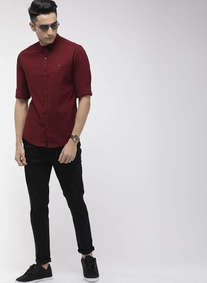 The Indian Garage Co  Men Maroon Solid Mandarin Collar Shirt for Men | Best Price UAE