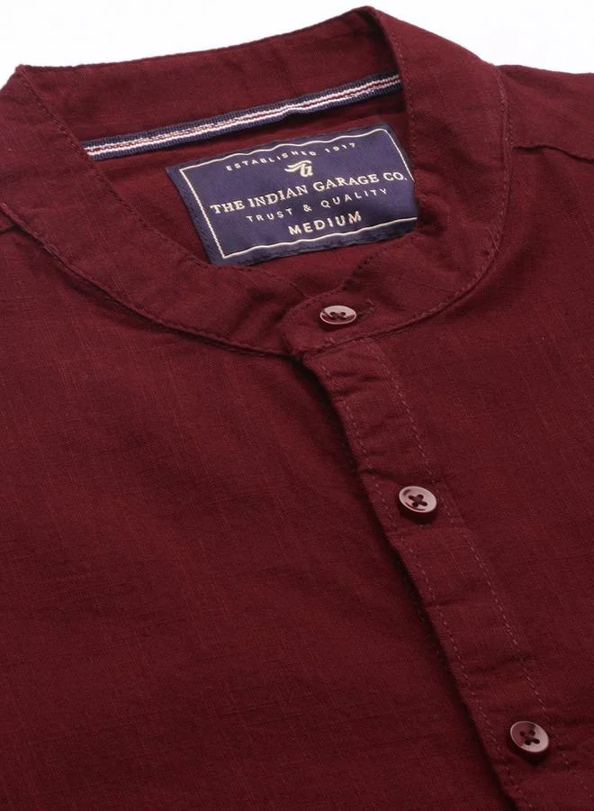The Indian Garage Co Men Maroon Solid Mandarin Collar Shirt