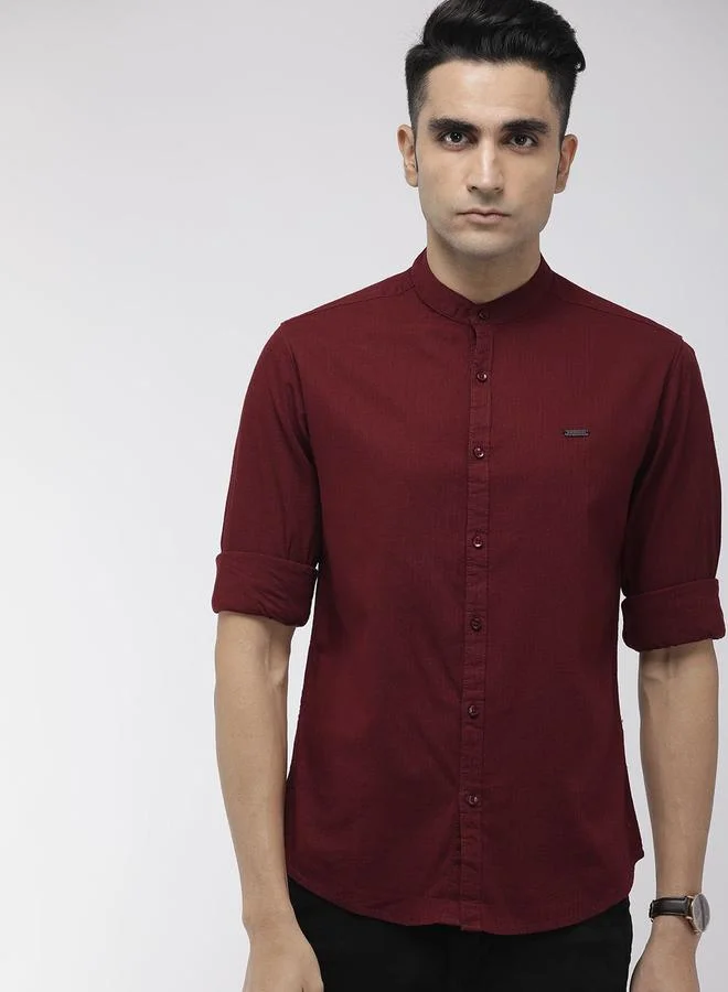 The Indian Garage Co  Men Maroon Solid Mandarin Collar Shirt for Men | Best Price UAE