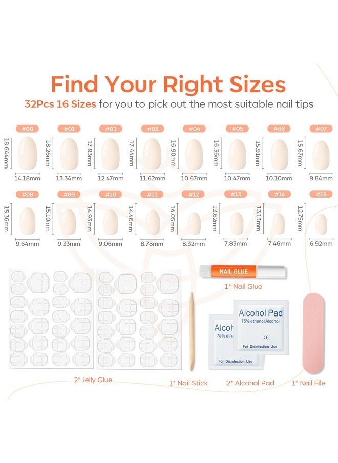 modelones - Short Press On Nails, 32Pcs 16 Sizes Oval Fake Nails Kit Press Ons With Nail Glue, Adhesive Tabs, Nail File, Prep Pad, Manicure Stick, Milky White - Image 1