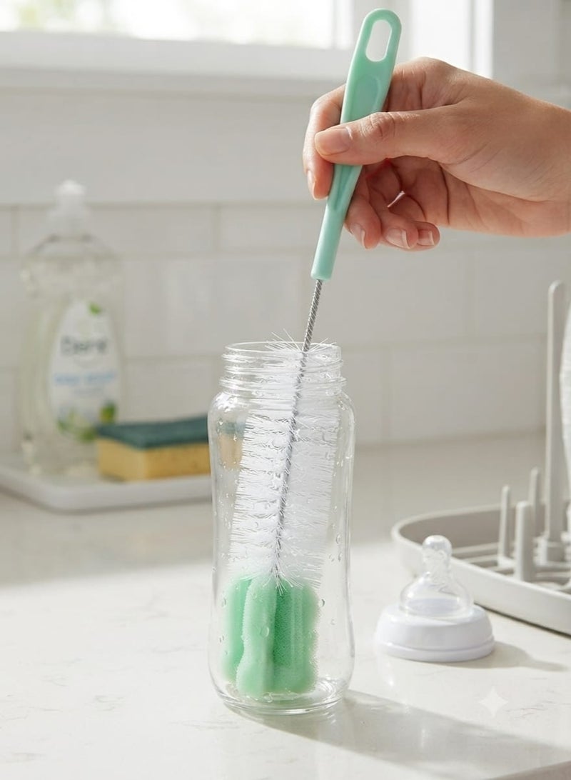 Flexible baby bottle cleaning brush with sponge head and long handle – multi-purpose, green/white - Image 2