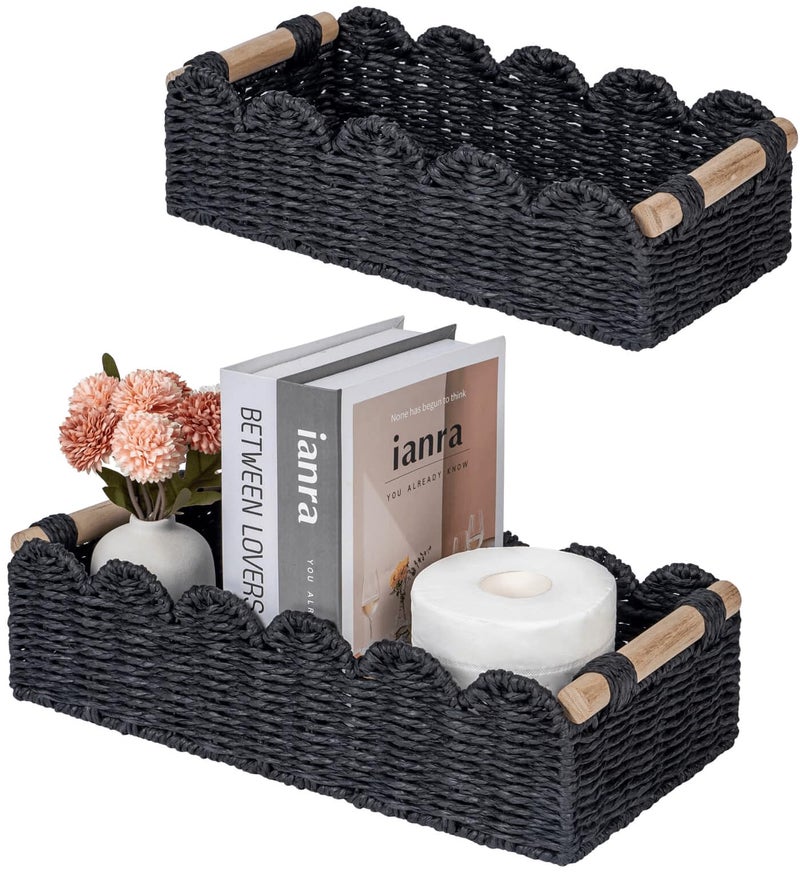 CubesLand Toilet Paper Storage Basket, Scalloped Edge Shelves Basket for Organizing for Over Toilet Tank Storage, Home Decor Baskets for Shelf, Countertop, Living Room, Bedroom, Handwoven, Black - Image 1
