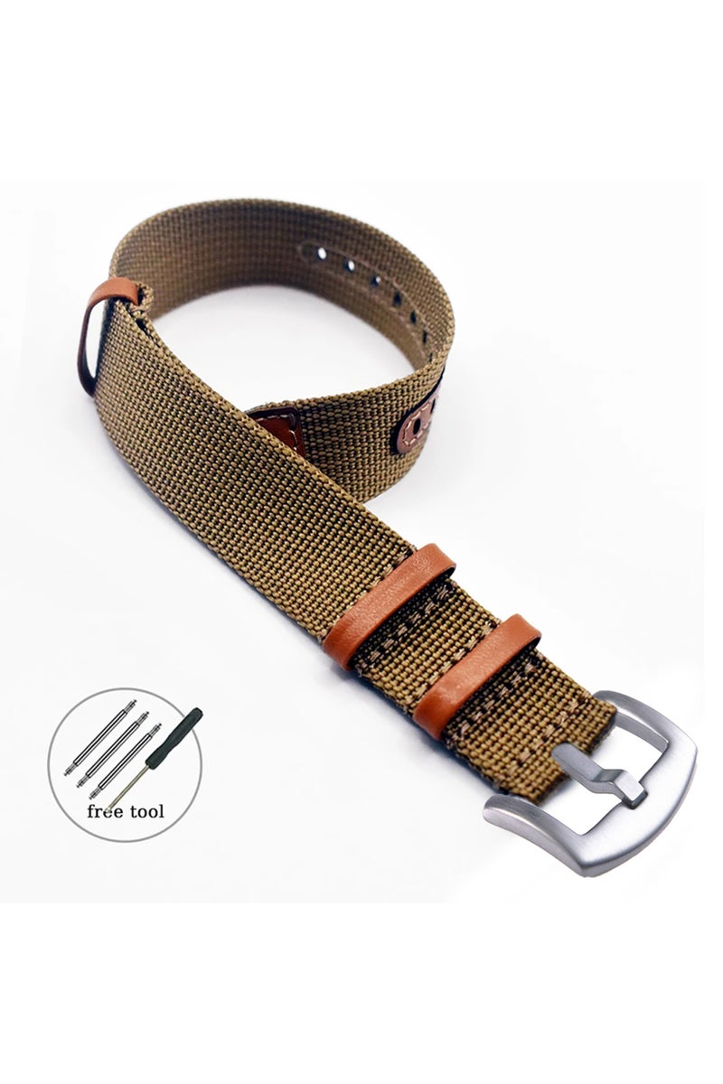 20mm Round Buckle-Brown Soft Watch Bracelet for Seiko Replacement 20mm 22mm Canvas Nylon Patch Leath