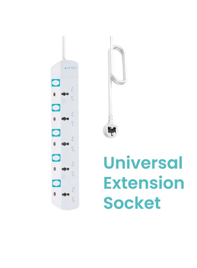 Aztech مقابس كهربائية 5 طرق 5م 3250 واط تمديد طاقة عالمي كابل 5م قابس نوع المملكة المتحدة G 3250 واط أقصى تحميل 13A حماية الفيوز معتمد من ECAS السلامة أولاً سلك تمديد مع مفاتيح ومؤشرات LED إصدار الإمارات العربية المتحدة