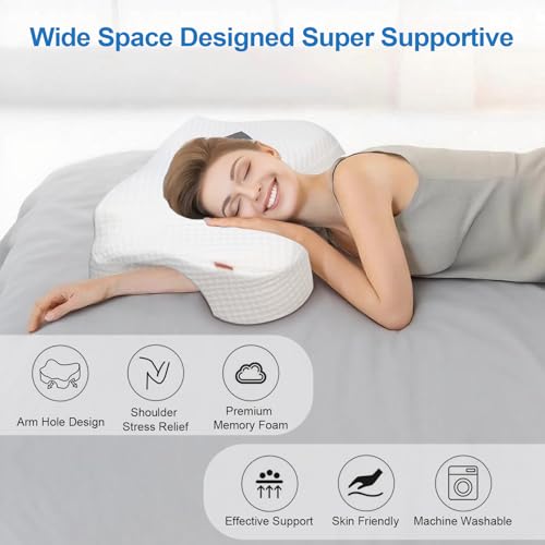 Funpkoser Side Sleeper Pillow with Arm Holes, Memory Foam Pillow for Neck Shoulder Cervical Pain Relief, Ergonomic Arm Holes Positioner Cooling Bed Pillows for Side Sleeping (Light Grey) - Image 4