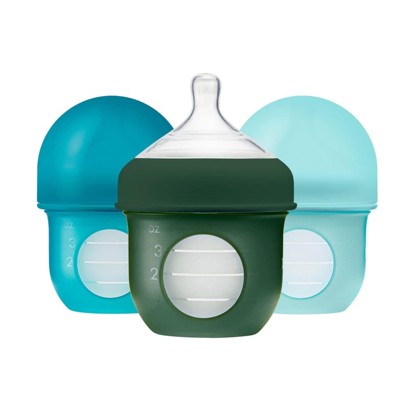BOON Boon Nursh Reusable Silicone Pouch Baby Bottles Slow Flow Nipple Silicone Baby Bottle Pouch and Nipple Baby Feeding Essentials Blue 03 Months 3 Count 4 Ounce 