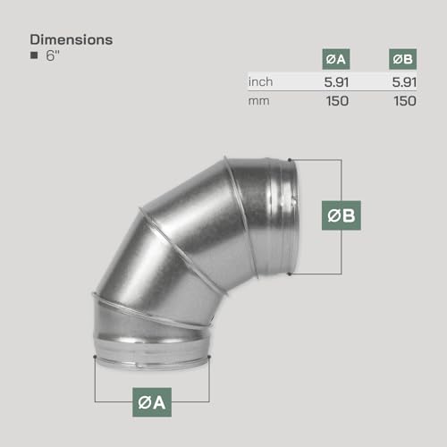 Vent Systems 6" Inch 90 Degree Duct Elbow - Galvanized Steel Round Pipe Connector for Spiral/Rigid Vent - HVAC Ventilation System Pipe Adapter/Coupler - Inlet-Outlet Ducting Bend - Image 2