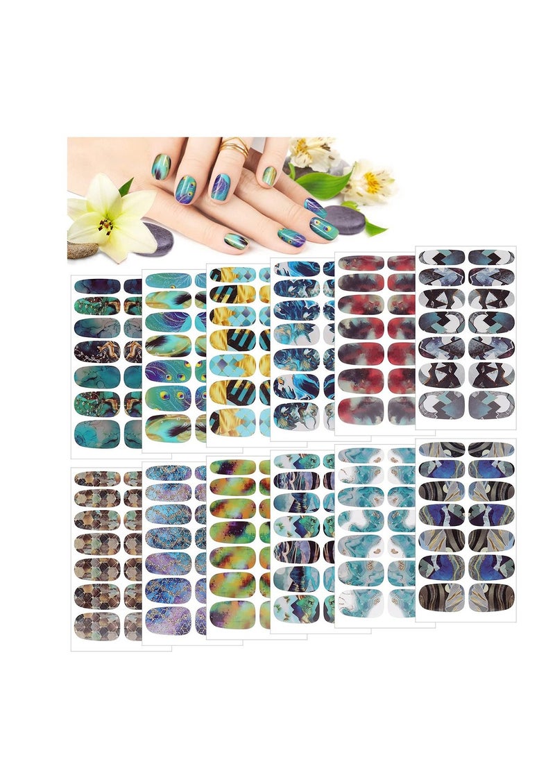 SYOSI Marble Nail Art Polish Stickers Full Wrap Strips 12 Sheets, Self-Adhesive Nail Polish Stickers Decal Marble Printed Full Wraps Strips Nail Art Polish Decals for Women Girls - Image 1