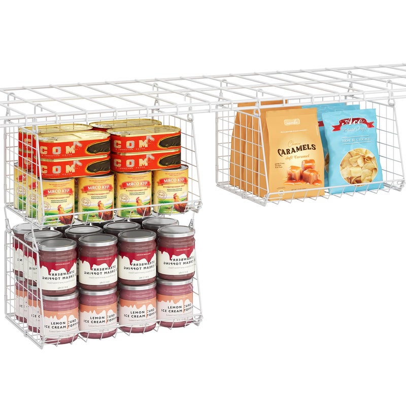 Jsskeeim 3-Pack Under Shelf Hanging Baskets with 360° Rotating Hooks - Space Saving Pantry Shelf Organizer for Kitchen Storage, Foldable Small Space Solutions for Pantry Organization, White - Image 1