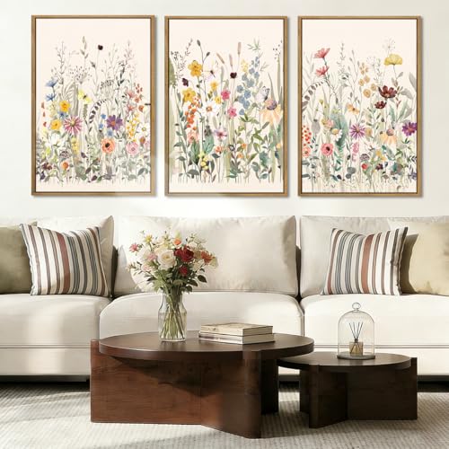 BINCUE Large Framed Floral Canvas Wall Art Colorful Wildflower Pictures Wall Decor Wildflower Artwork Flowers Pictures Floral Home Decor for Living Room Bedroom Office Farmhouse 16x24 Inches Set of 3 Gift - Image 1