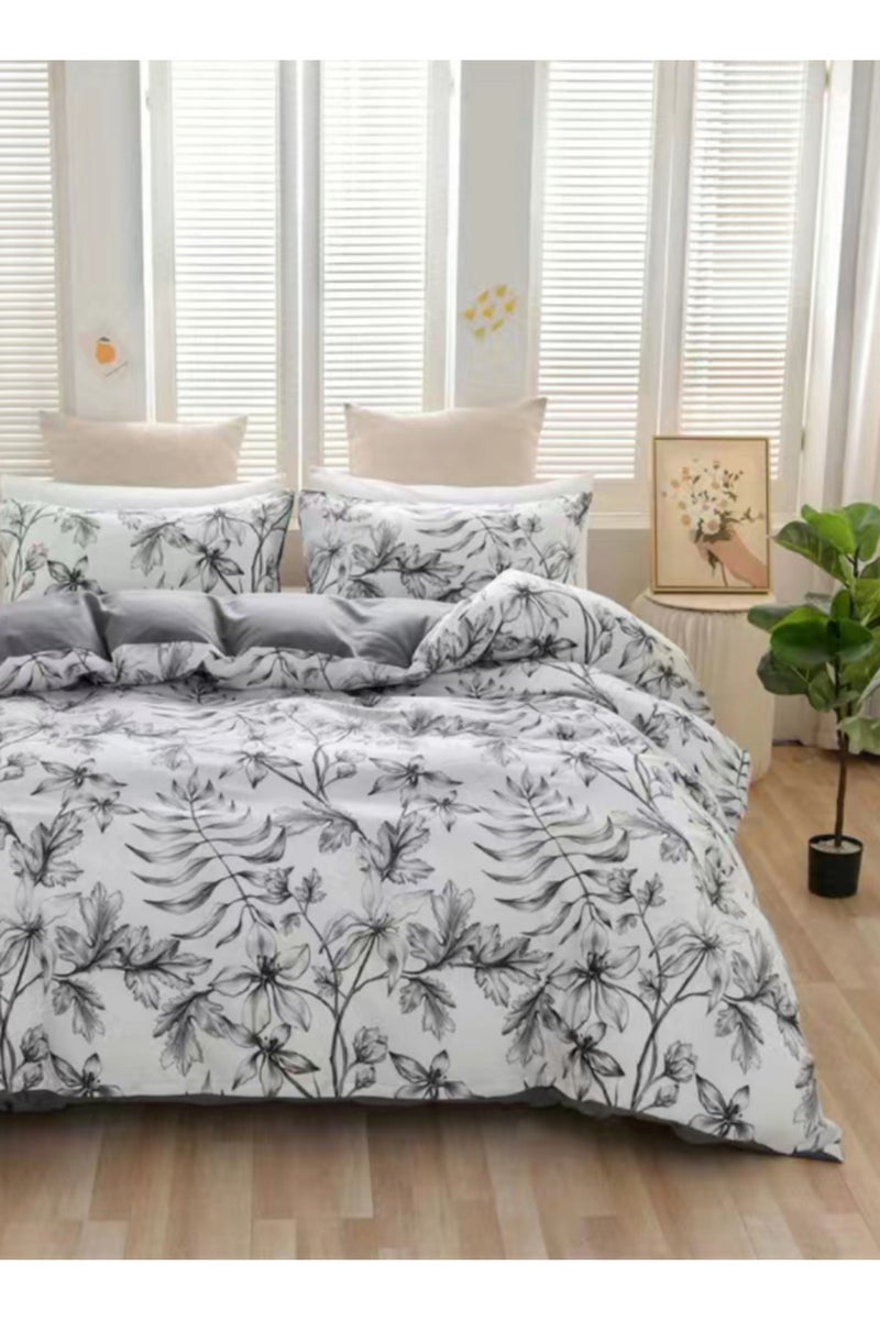 LUNA Home Queen size 6pcs: 1 Duvet cover - (200*230cm); 1 Flat sheet - (230*250cm); 4 Pillow covers - (50*75cm). bedding set with Grey leaf pattern, very soft quality. - Image 1