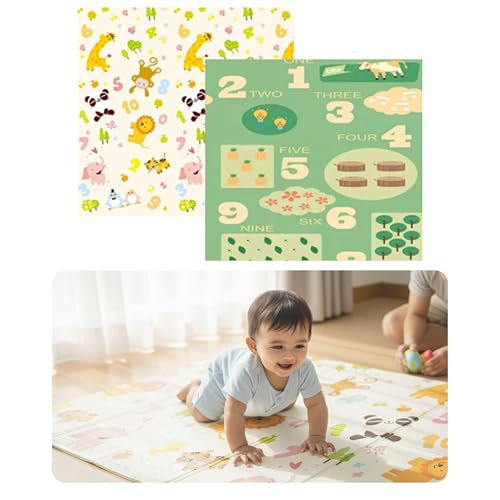Kids Station Double-Sided Waterproof Baby Playmat – Foldable, Portable & Reversible Foam Mat for Infants, Toddlers & Kids – Soft, Non-Slip, Easy-to-Clean Baby Crawling Mat for Indoor/Outdoor Use (200×150×0.8cm, Animal 1,2,3 Count & Coin Print) - Image 1