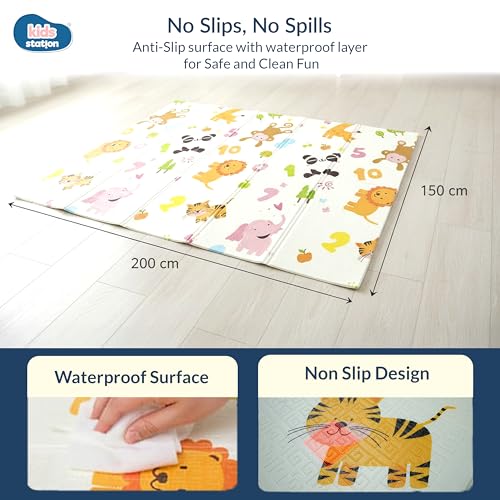 Kids Station Double-Sided Waterproof Baby Playmat – Foldable, Portable & Reversible Foam Mat for Infants, Toddlers & Kids – Soft, Non-Slip, Easy-to-Clean Baby Crawling Mat for Indoor/Outdoor Use (200×150×0.8cm, Animal 1,2,3 Count & Coin Print) - Image 5