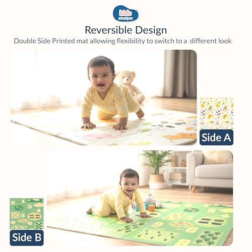 Kids Station Double-Sided Waterproof Baby Playmat – Foldable, Portable & Reversible Foam Mat for Infants, Toddlers & Kids – Soft, Non-Slip, Easy-to-Clean Baby Crawling Mat for Indoor/Outdoor Use (200×150×0.8cm, Animal 1,2,3 Count & Coin Print) - Image 2