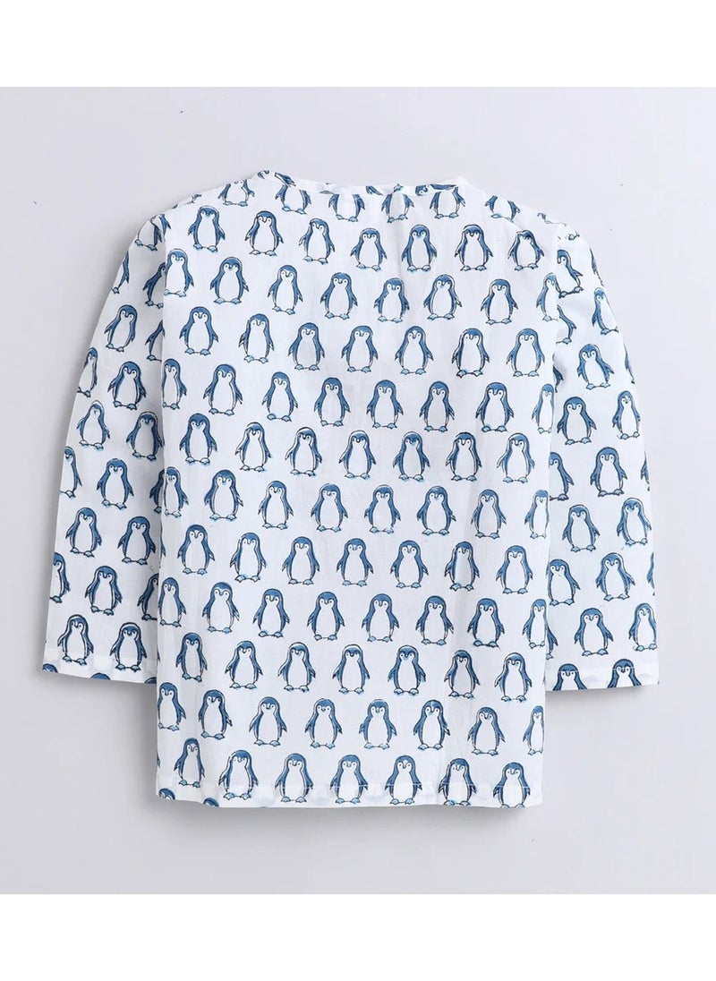 Polka Tots Polka Tots Full Sleeves Night Wear Penguin Kurta Pyjama - Blue  - Image 3