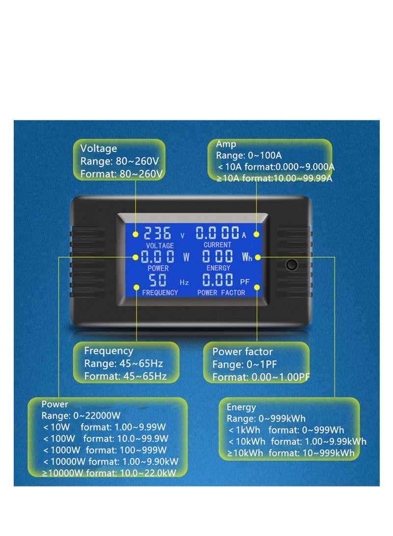 AC Power Meter, 80-260V 100A Voltage Current Color LCD Display Panel, Current Voltage Amperage Energy Meter Monitor, Digital Ammeter Voltmeter with Split Core Current Transformer CT, AC 100A Meter  - Image 4