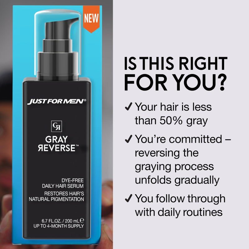 Just for Men Gray Reverse Daily Hair Serum, Gradually Reduces Gray Hair, Easy Dye-Free Serum, 6.7oz - Image 3