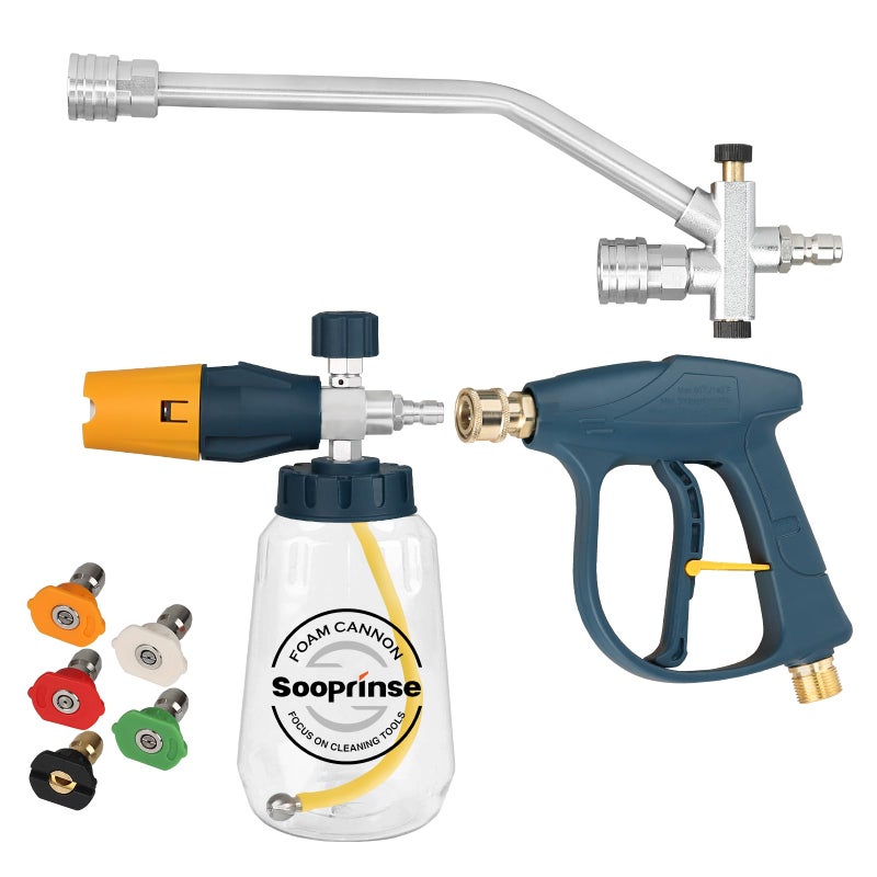 Sooprinse Pressure Washer Foam Cannon with Short Pressure Washer Gun Dual Connector Accessory Snow Soap Attachment for Car Wash 5 Nozzles Tips with 14 Quick Connect 4000 PSI - Image 2