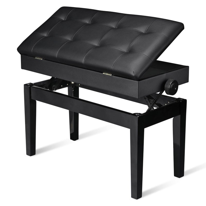 AW Adjustable Duet Piano Bench PU Leather Padded Wooden Keyboard Stool Storage for Music Books Black