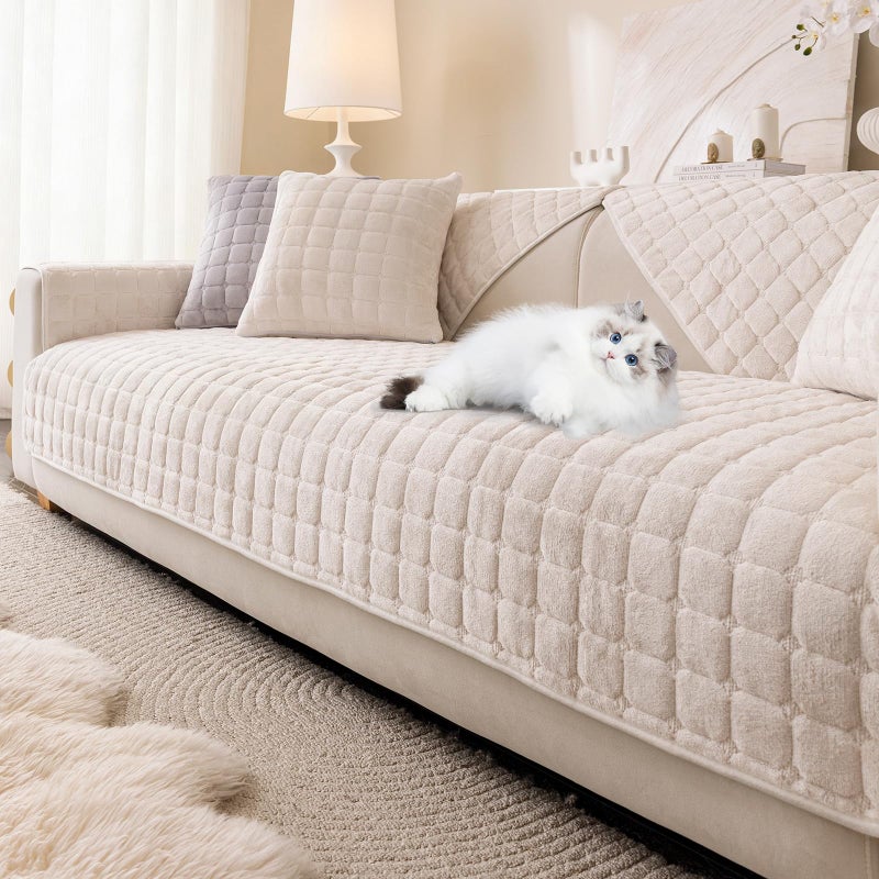 XSlive Flannel Fuzzy Couch Cover for Dogs Washable, Non Slip Sectional Sofa Cover, Pet Couch Covers for 3 Cushion Sofa L Shaped Armrest Backrest, Furniture Protector for Pets Kids (Cream,28"x28") - Image 1
