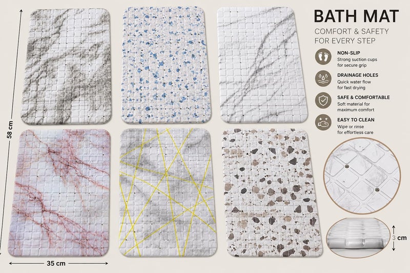Non-Slip PVC Bathtub Mat 58 x 35 cm – Waterproof Bath Shower Mat with Suction Cups & Drain Holes, Anti-Slip Bathroom Safety Mat, Quick Dry, Machine Washable, Grey Marble - Image 5