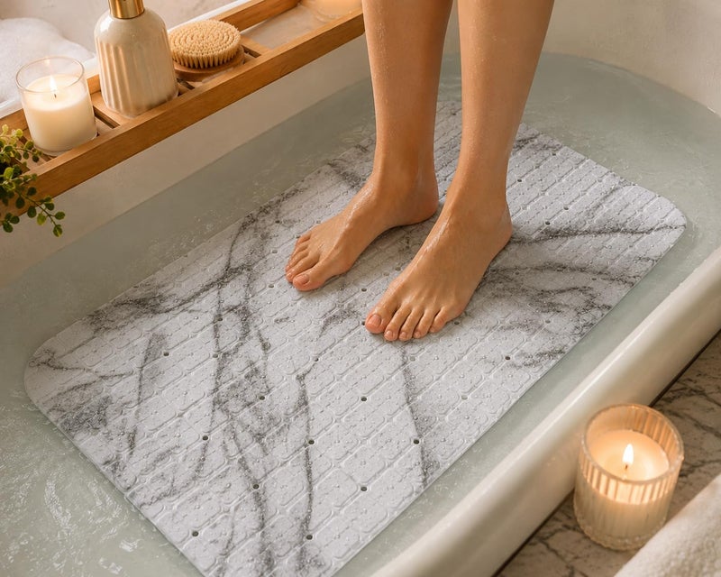 Non-Slip PVC Bathtub Mat 58 x 35 cm – Waterproof Bath Shower Mat with Suction Cups & Drain Holes, Anti-Slip Bathroom Safety Mat, Quick Dry, Machine Washable, Grey Marble - Image 1