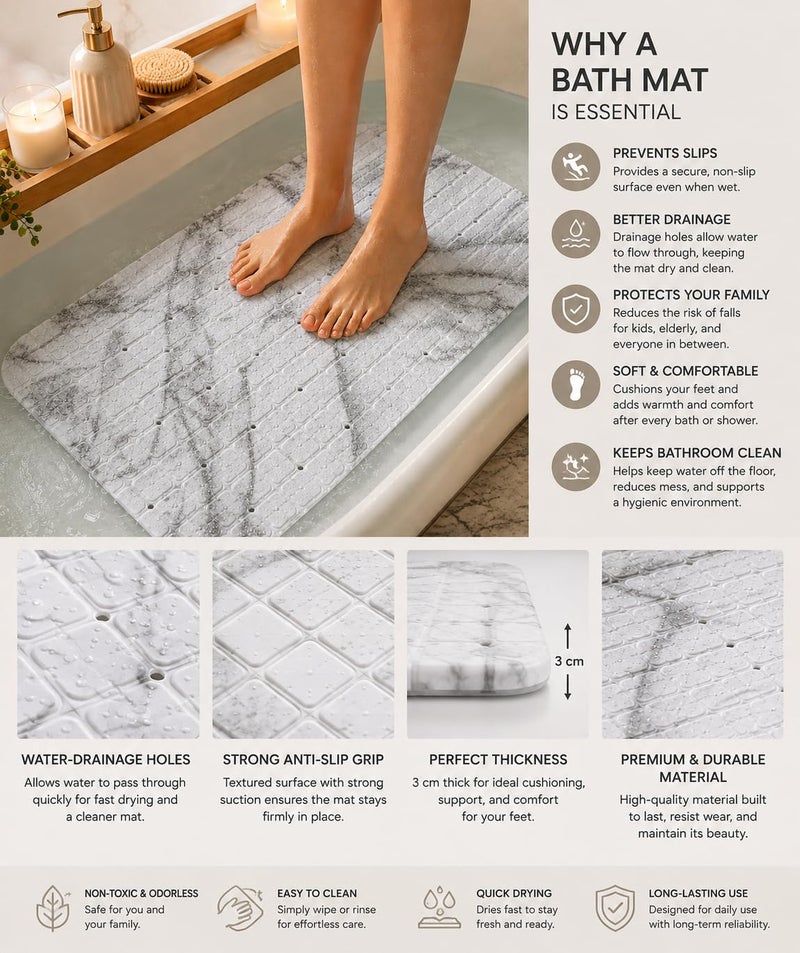 Non-Slip PVC Bathtub Mat 58 x 35 cm – Waterproof Bath Shower Mat with Suction Cups & Drain Holes, Anti-Slip Bathroom Safety Mat, Quick Dry, Machine Washable, Grey Marble - Image 3