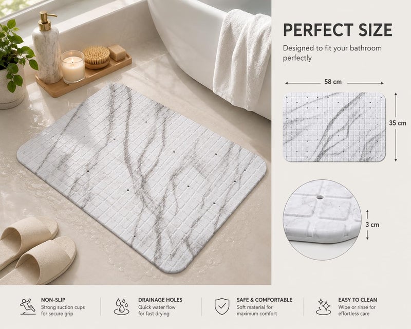 Non-Slip PVC Bathtub Mat 58 x 35 cm – Waterproof Bath Shower Mat with Suction Cups & Drain Holes, Anti-Slip Bathroom Safety Mat, Quick Dry, Machine Washable, Grey Marble - Image 4