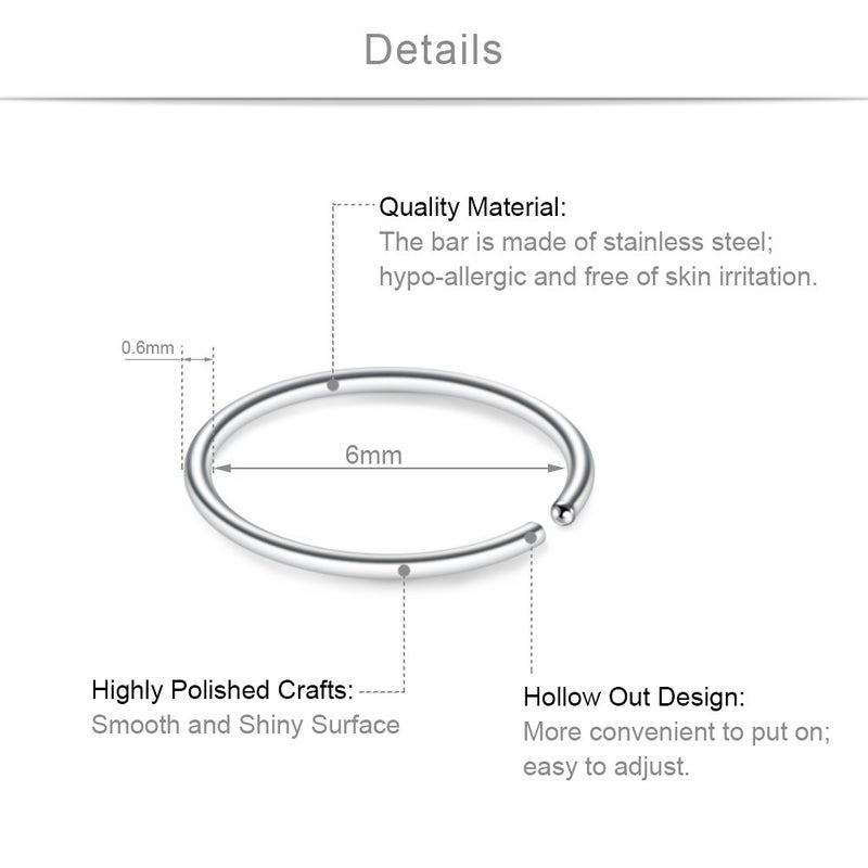 SCERRING 12PCS 22G Stainless Steel Fake Nose Septum Hoop Rings Lip Helix Cartilage Tragus Ear Ring Piercing 6mm - Silver - Image 2