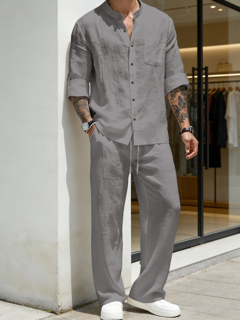 Qi Ta Men's Linen Blend Long Sleeve Shirt & Pants Set - Army Green, Vintage Stand Collar, Casual Spring/Autumn - Image 5