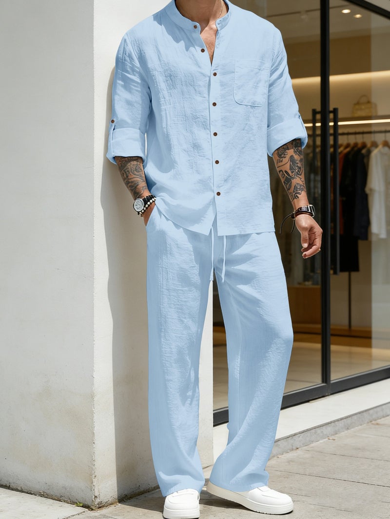 Qi Ta Men's Linen Blend Long Sleeve Shirt & Pants Set - Army Green, Vintage Stand Collar, Casual Spring/Autumn - Image 4