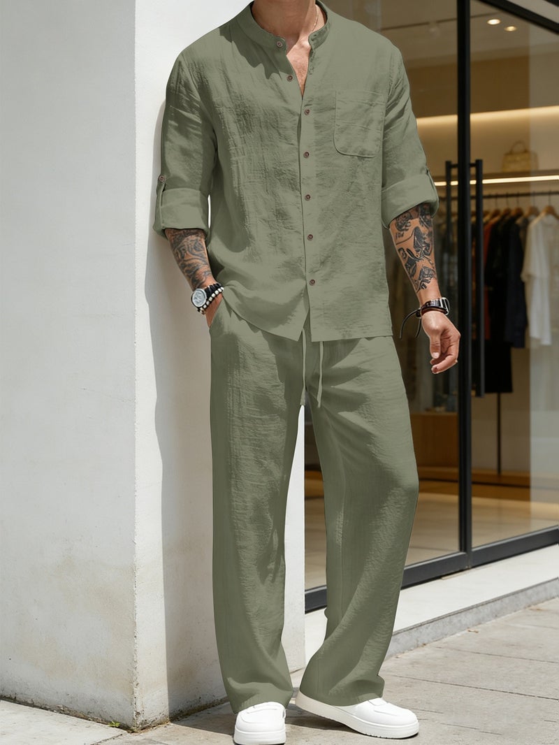 Qi Ta Men's Linen Blend Long Sleeve Shirt & Pants Set - Army Green, Vintage Stand Collar, Casual Spring/Autumn - Image 1