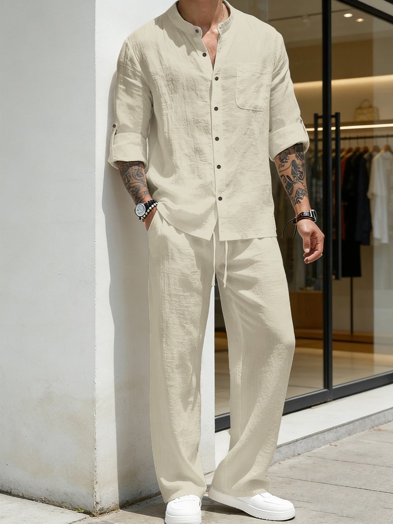 Qi Ta Men's Linen Blend Long Sleeve Shirt & Pants Set - Army Green, Vintage Stand Collar, Casual Spring/Autumn - Image 3
