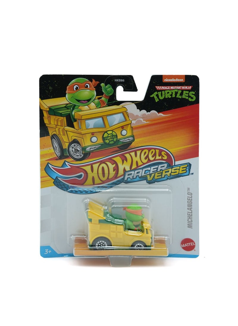 Mattel Toys Hot Wheels RacerVerse , Michelangelo Teenage Mutant Ninja Turtles Die Cast Vehicle , TMNT Character Car Collectible for Kids Ages 3+ , Nickelodeon Cartoon Inspired Mini Toy Car , Authentic Mattel Figure with Turtle Van Design 