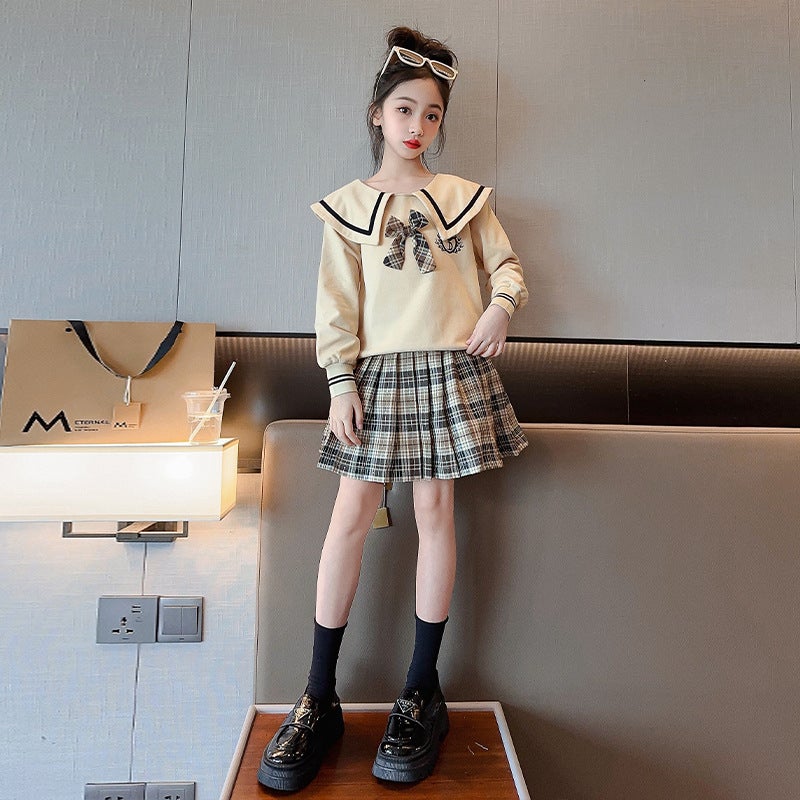 Girls suit Spring and Autumn new medium and large childrens clothing little girl College Style doll collar sweater skirt two-piece suit fashion Black - Image 4