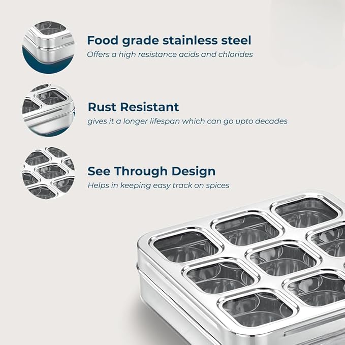 STEEPLE ® 9 In 1 Square Stainless Steel Spice Box|Organiser with 9 Compartment|Popula Dabba|Square Masala Dani for Kitchen|Rust Resistant See-Through Lid with Unbreakable Acrylic Sheet,Design,Silver - Image 2