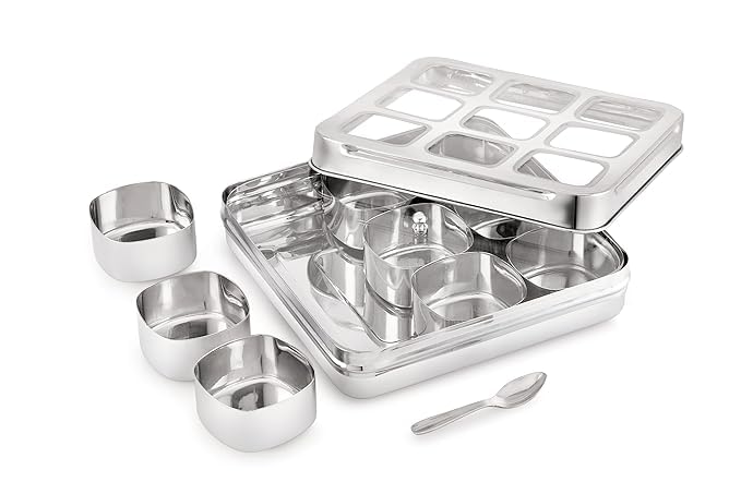 STEEPLE ® 9 In 1 Square Stainless Steel Spice Box|Organiser with 9 Compartment|Popula Dabba|Square Masala Dani for Kitchen|Rust Resistant See-Through Lid with Unbreakable Acrylic Sheet,Design,Silver - Image 3