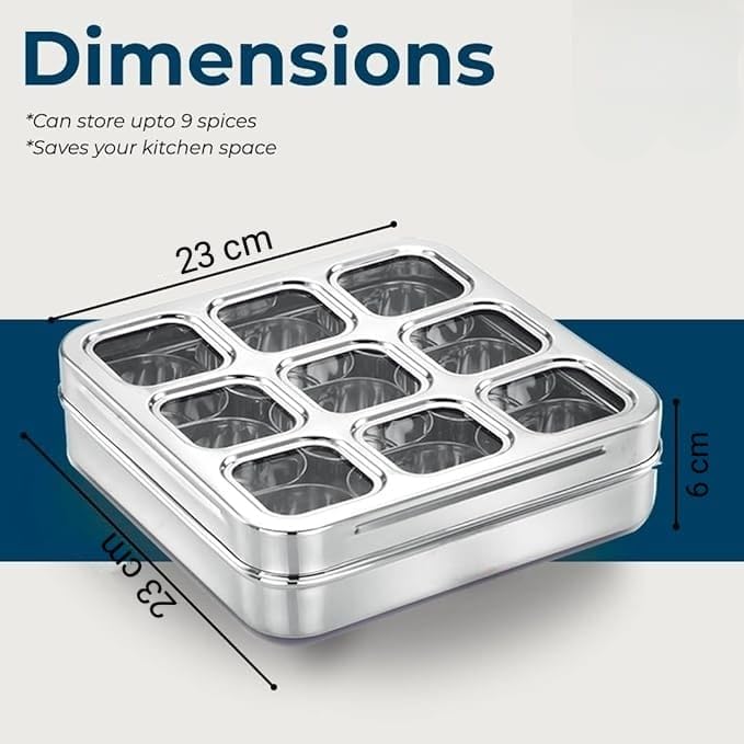 STEEPLE ® 9 In 1 Square Stainless Steel Spice Box|Organiser with 9 Compartment|Popula Dabba|Square Masala Dani for Kitchen|Rust Resistant See-Through Lid with Unbreakable Acrylic Sheet,Design,Silver - Image 4