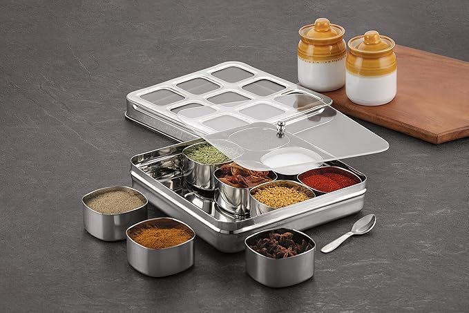 STEEPLE ® 9 In 1 Square Stainless Steel Spice Box|Organiser with 9 Compartment|Popula Dabba|Square Masala Dani for Kitchen|Rust Resistant See-Through Lid with Unbreakable Acrylic Sheet,Design,Silver - Image 1
