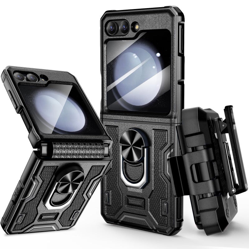 VEGO for Galaxy Z Flip 5 Case with Stand, 360Â°Ring Magnetic Ring Kickstand & Belt Clip Holster & Camera Screen Protector & Hinge Protection, Shockproof Cover - Black - Image 1