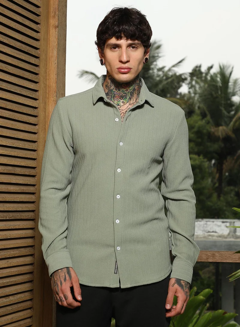 Campus Sutra Men's Mint Green Rope-Textured Shirt For Casual Wear | Spread Collar | Long Cuffed Sleeves | Button Closure | Shirt Crafted With Comfort Fit For Everyday Wear
