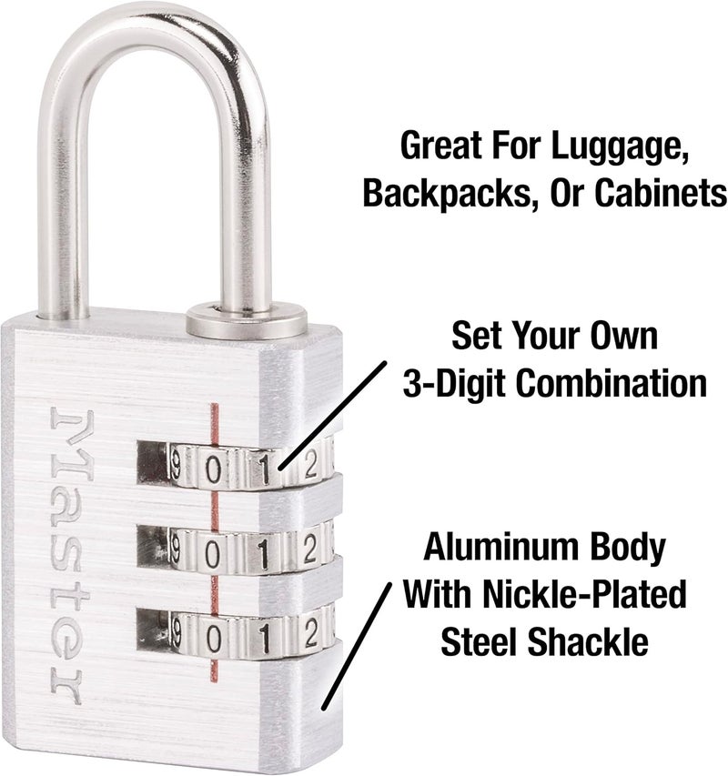 MasterLock Set Your Own Combination Aluminum Lock, Small Lock for Backpacks, Cabinets, or Zippers with 3-Digit Code,1-3/16 Inches Wide, 630D - Image 2