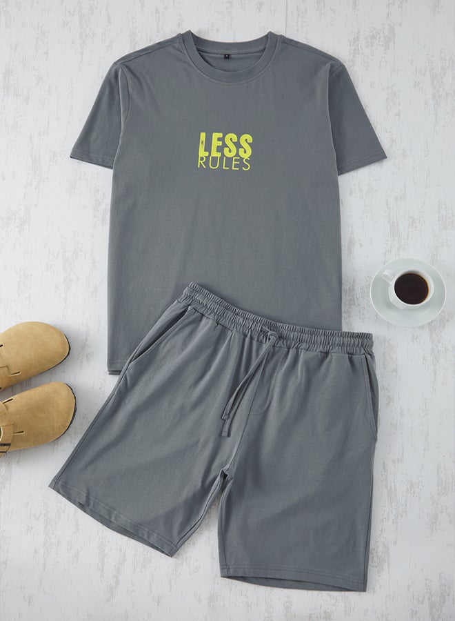 trendyol Dark Grey Printed Regular Fit Shorts Pajama Set - Image 2