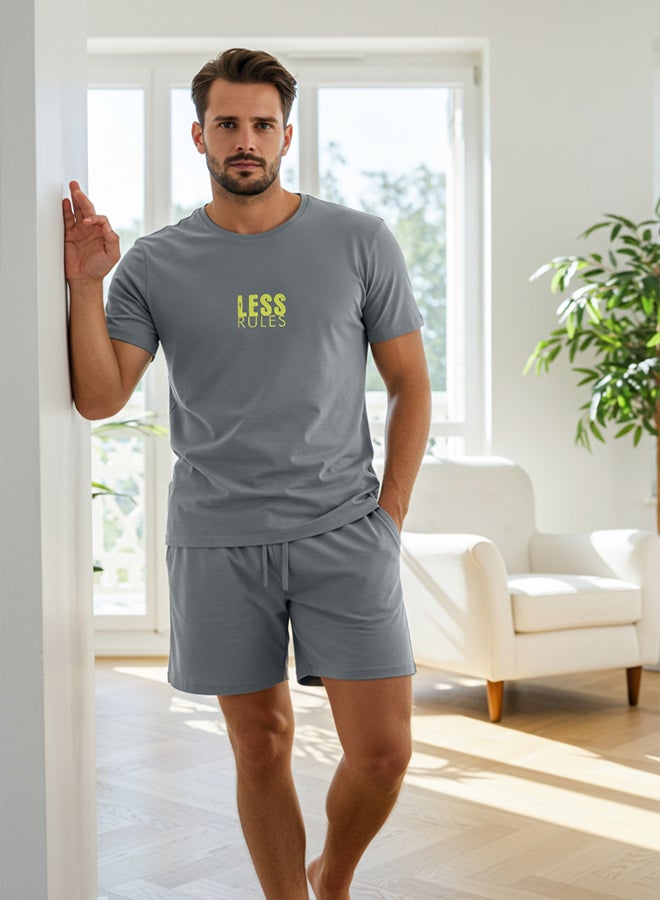 trendyol Dark Grey Printed Regular Fit Shorts Pajama Set - Image 1